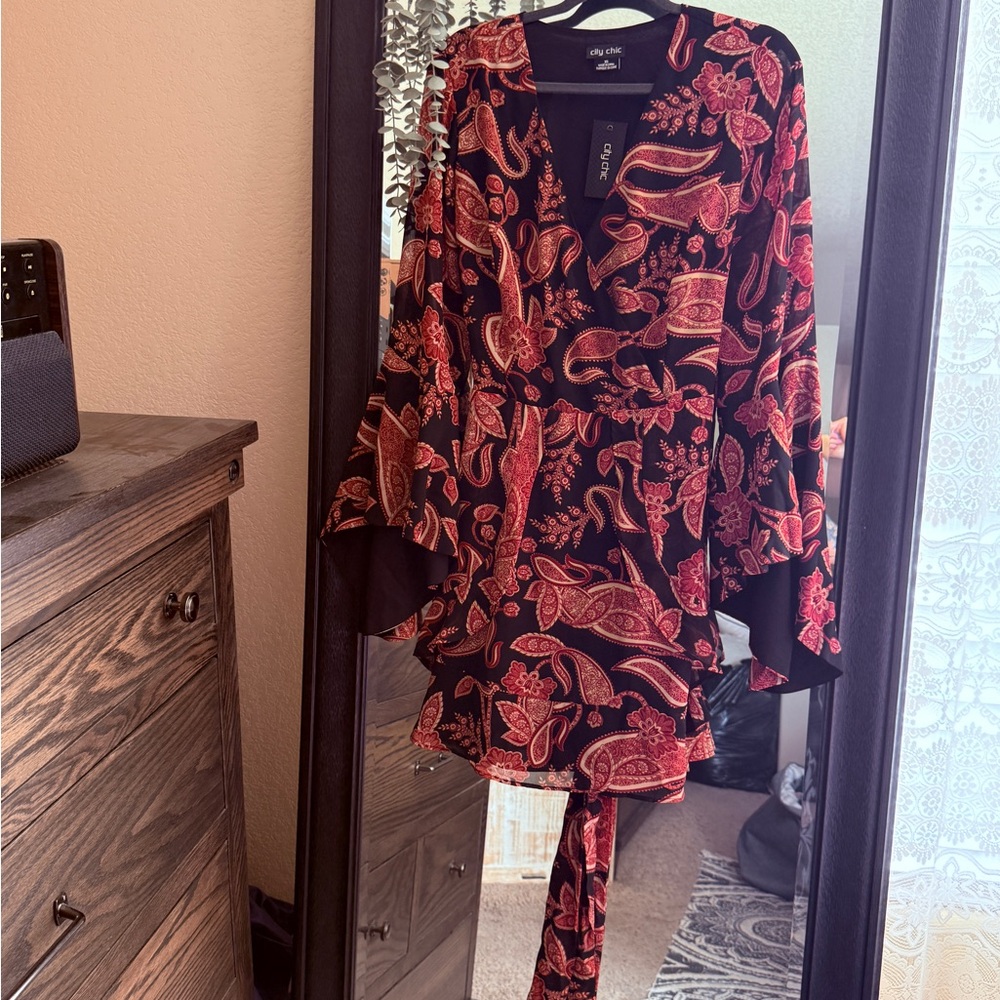 City Chic Red and Black Paisley Dress